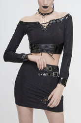 T-shirt punk pour femme à manches longues noires en sergé, épaules dénudées, poitrine lacée, cuir verni à taille cintrée courte